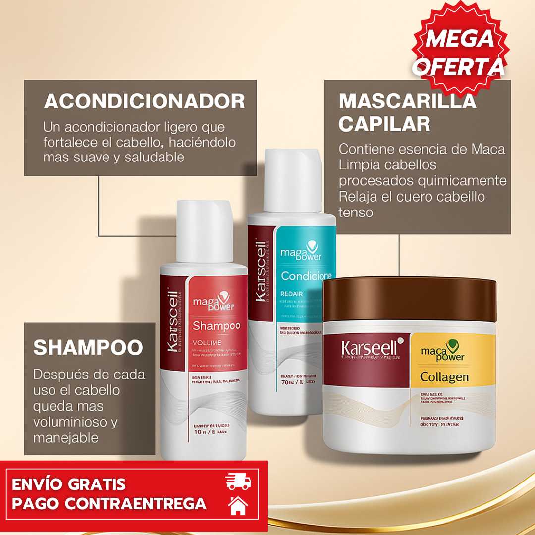 Karsell Kit 4x1™: Tratamiento capilar completo que repara, nutre y da brillo al cabello.