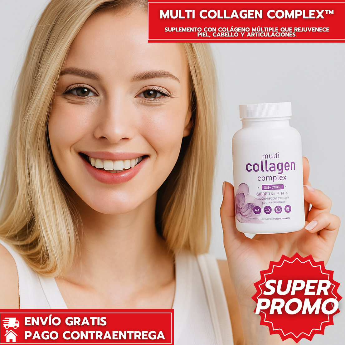 Multi Collagen Complex™: Suplemento con colágeno múltiple que rejuvenece piel, cabello y articulaciones.