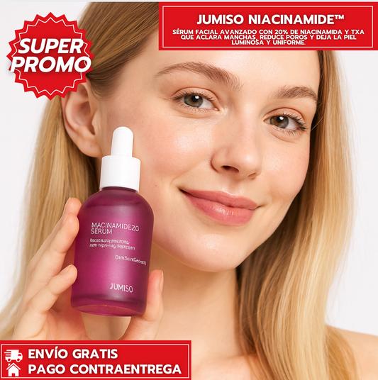 Jumiso Niacinamide™: Sérum facial avanzado con 20% de niacinamida y TXA que aclara manchas, reduce poros y deja la piel luminosa y uniforme.