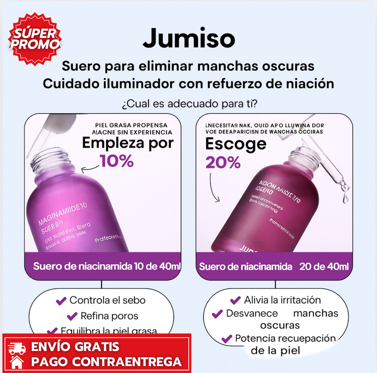 Jumiso Niacinamide™: Sérum facial avanzado con 20% de niacinamida y TXA que aclara manchas, reduce poros y deja la piel luminosa y uniforme.