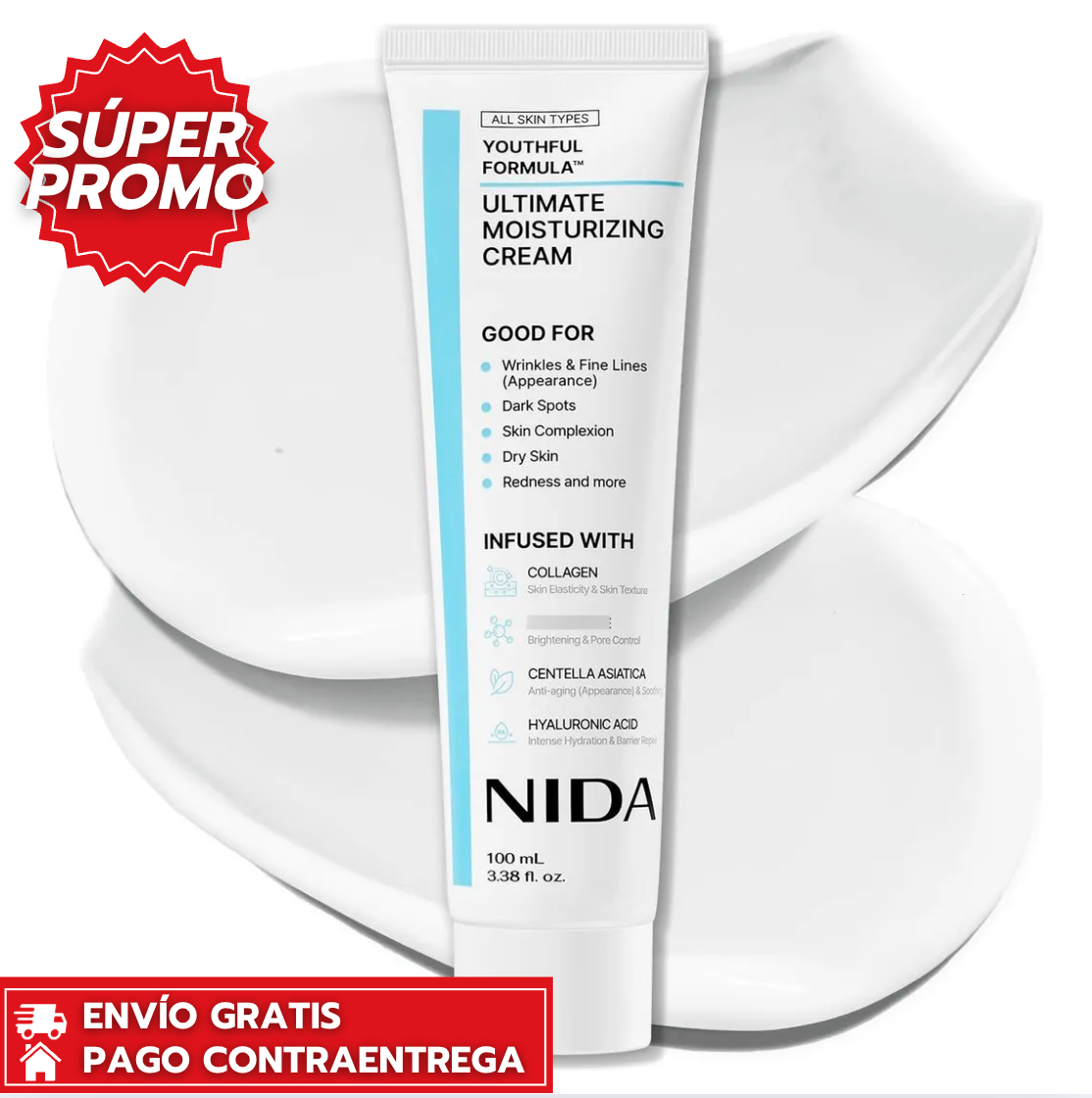 Nida YouthFull™: Crema facial hidratante que mejora la elasticidad y aporta luminosidad saludable.
