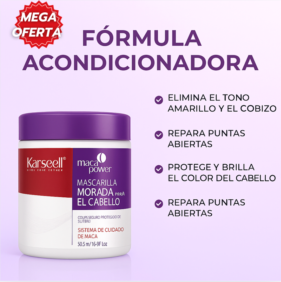 Karseell Purple Mask™: Mascarilla morada que elimina tonos amarillos y repara el cabello rubio.