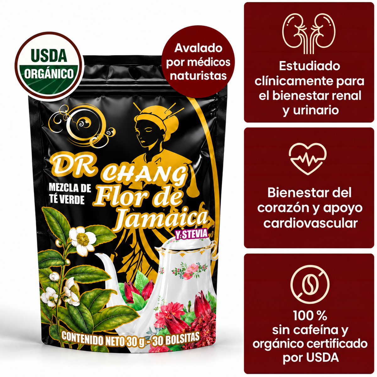 Té verde con flor de jamaica: 30 bolsitas, apoyo diario
